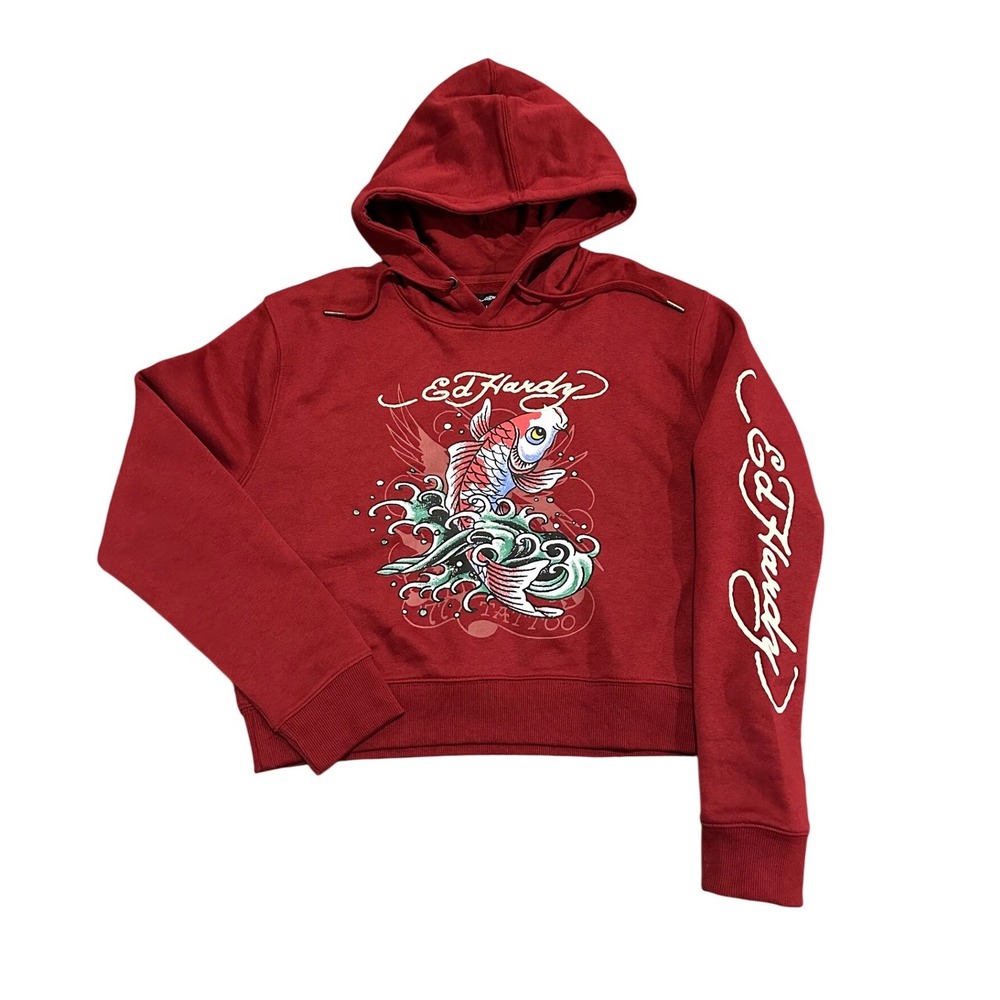 Ed Hardy Red Koi Fish Tattoo Graphic Cropped Hoodie Womens XL EHWR1501-8